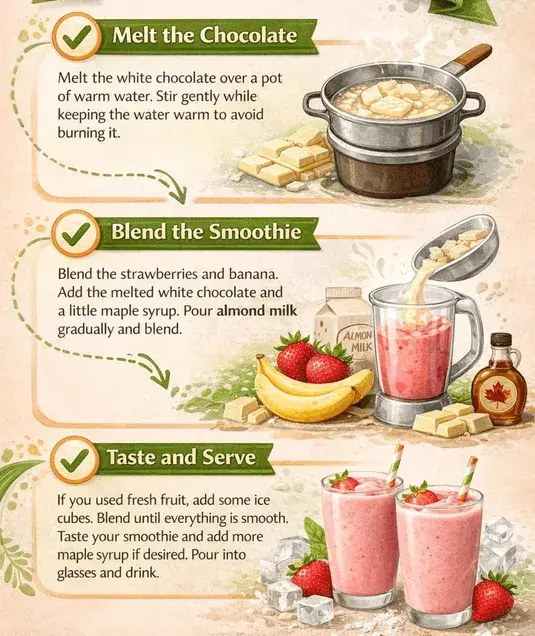 Step-by-Step Instructions
Follow these steps for a homemade Beach Bum Tropical Smoothie. First, melt the white chocolate. Then mix it with strawberries, banana, and milk before tasting and serving.
Melt the Chocolate
Melt the white chocolate over a pot of warm water. Stir gently while keeping the water warm to avoid burning it.
Blend the Smoothie
Blend the strawberries and banana. Add the melted white chocolate and a little maple syrup. Pour almond milk gradually and blend.
Taste and Serve
If you used fresh fruit, add some ice cubes. Blend until everything is smooth. Taste your smoothie and add more maple syrup if desired. Pour into glasses and drink. - visual infographics